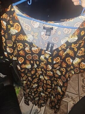 Halloween Pumpkin & Leaf Print Dress - Black & Orange